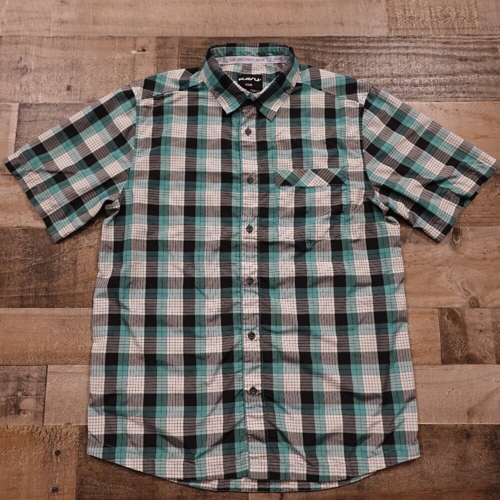Kavu plaid shirt men's medium blue black white